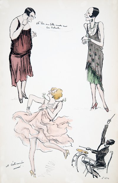 Two transvestites in discussion while a further dances to a musician on the drums, from White Bottoms, pub. 1927 by Sem